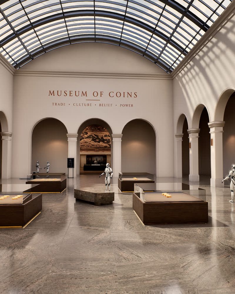 Hall del museo con vitrinas